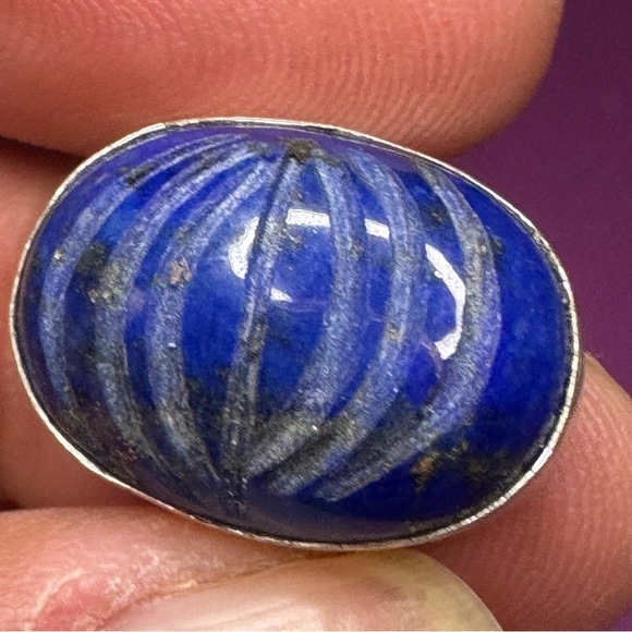 Carved Natural Lapis Lazuli 925 Silver Plated Gemstone Ring US 6.5 - Picture 4 of 5